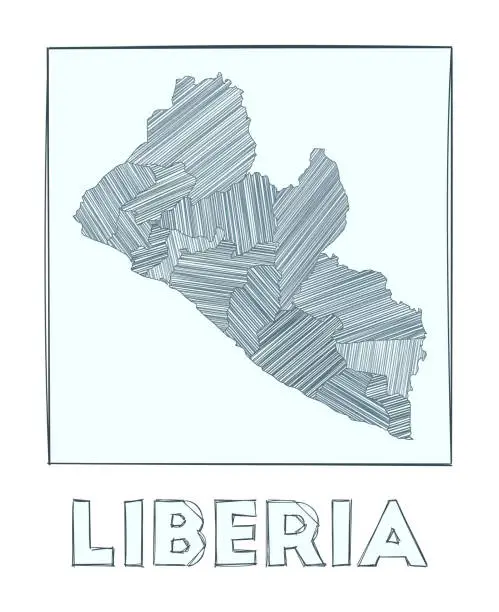Vector illustration of Sketch map of Liberia. Grayscale hand drawn map of the country. Filled regions with hachure stripes. Vector illustration.