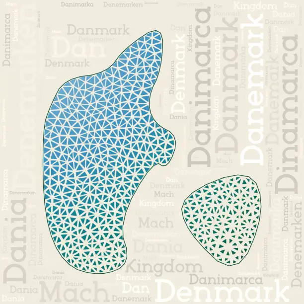 Vector illustration of DENMARK map design. Country names in different languages and map shape with geometric low poly triangles. Appealing vector illustration of Denmark.