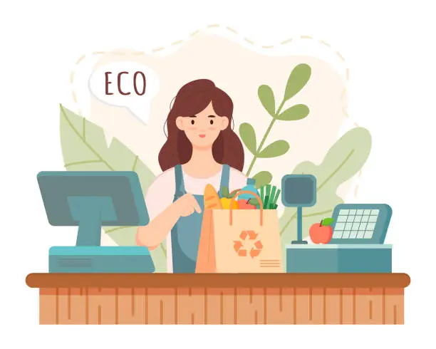 Vector illustration of Eco green store cashier. Woman giving eco friendly bag