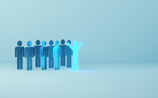 3d render Leader Election Among Crowd on Blue Soft Background, Success, skill, leadership concepts (Close-up)