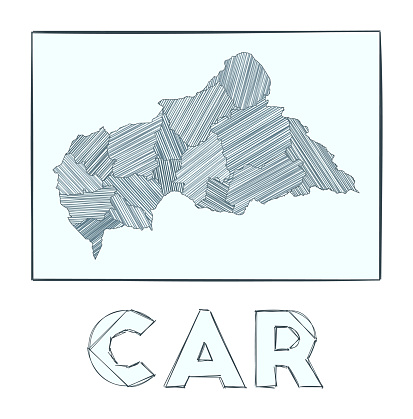 Sketch map of CAR. Grayscale hand drawn map of the country. Filled regions with hachure stripes. Vector illustration.