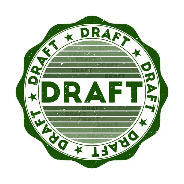 Vector illustration of Draft badge. Grunge word round stamp with texture in Donegal Green color theme. Vintage style geometric draft seal with gradient stripes. Modern vector illustration.