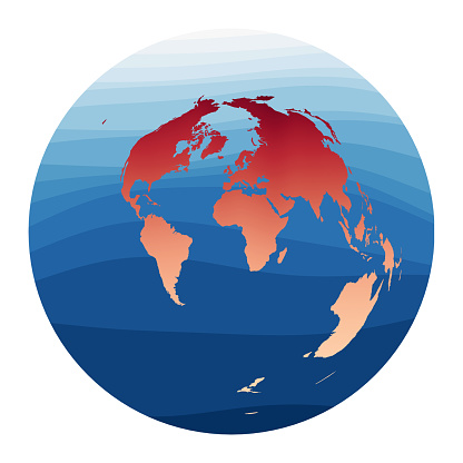 World Map Vector. Azimuthal equidistant projection. World in red orange gradient on deep blue ocean waves. Awesome vector illustration.