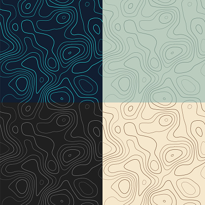 Topography patterns. Seamless elevation map tiles. Attractive isoline background. Classy tileable patterns. Vector illustration.