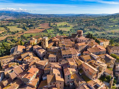 Montemerano, Tuscan medieval town from drone