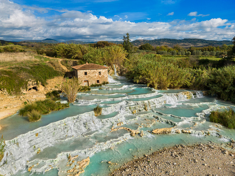Saturnia, Cascate del Mulino Hot Spring, Tuscany from drone