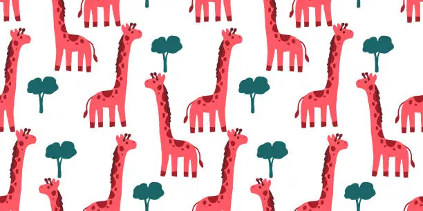 Vector illustration of Hand drawn cute giraffe seamless pattern