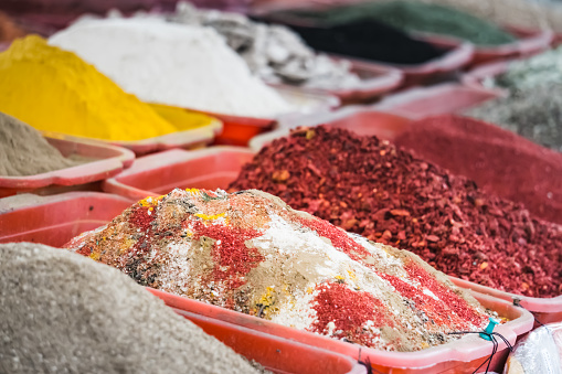Multi-colored spices at the Siab Bazaar in the ancient city of Samarkand in Uzbekistan, Siyob bozor