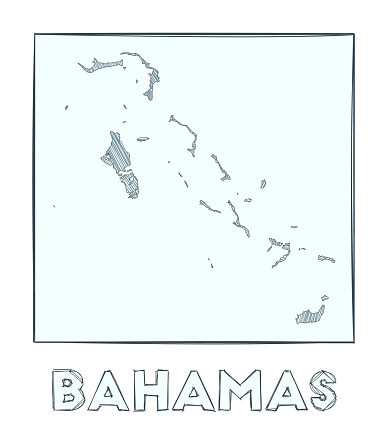 Sketch map of Bahamas. Grayscale hand drawn map of the country. Filled regions with hachure stripes. Vector illustration.