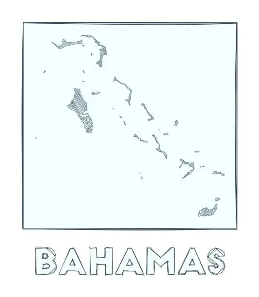 Vector illustration of Sketch map of Bahamas. Grayscale hand drawn map of the country. Filled regions with hachure stripes. Vector illustration.