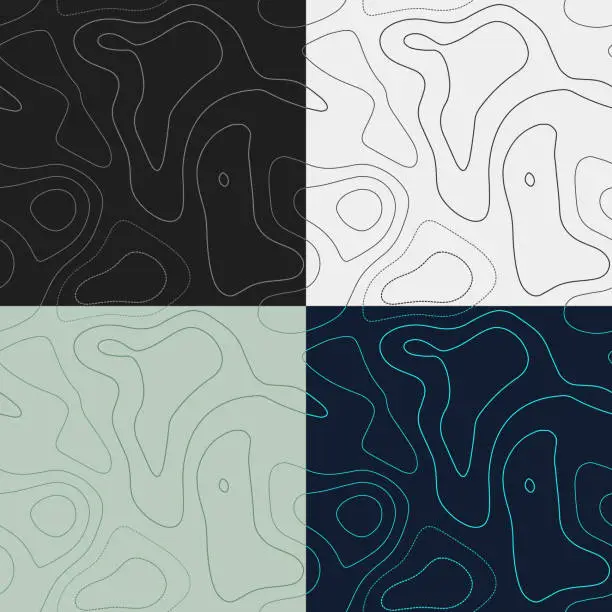 Vector illustration of Topography patterns. Seamless elevation map tiles. Beautiful isoline background. Artistic tileable patterns. Vector illustration.