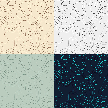 Topography patterns. Seamless elevation map tiles. Attractive isoline background. Amazing tileable patterns. Vector illustration.