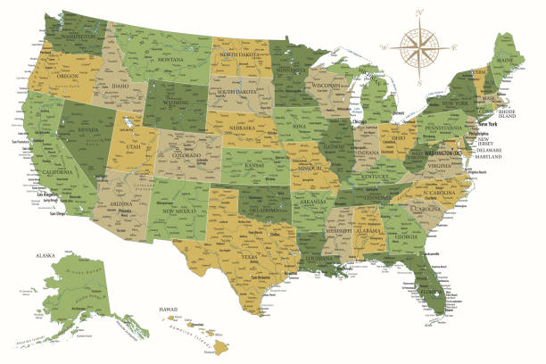 illustrations, cliparts, dessins animés et icônes de états-unis - carte vectorielle très détaillée des états-unis. idéalement pour les affiches imprimées. vert jaune couleurs dorées - map eastern usa new york city boston