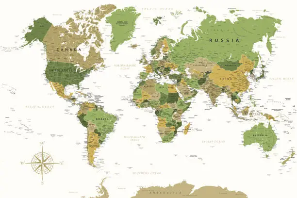 Vector illustration of World Map - Highly Detailed Vector Map of the World. Ideally for the Print Posters. Green Yellow Golden Colors