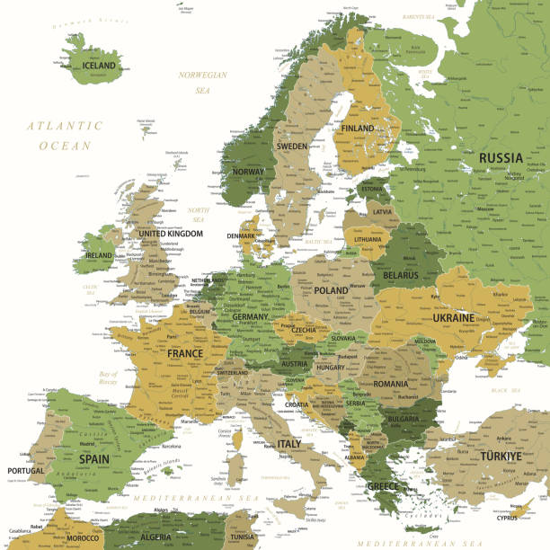 Europe - Highly Detailed Vector Map of the Europe. Ideally for the Print Posters. Green Yellow Golden Colors Europe - Highly Detailed Vector Map of the Europe. Ideally for the Print Posters green map of norway stock illustrations