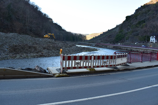 Walporzheim, Germany - 02/13/2023: barriers at the Ahr valley road two years after the flood