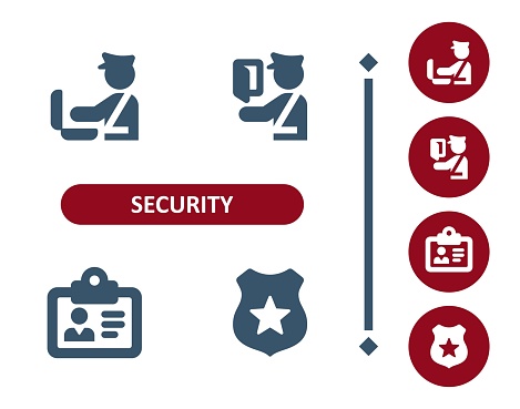 Security icons. Security guard, inspection, checkpoint, ID card, name tag, badge, police officer, icon. Professional, 32x32 pixel perfect vector icon.