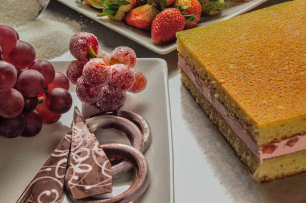 chocolate cake and fresh fruit on top closeup macro