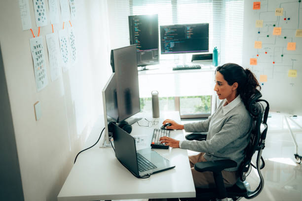 istock Hispanic woman Programmer Working in a Bright Office with Multiple Screens, Ideal for Tech and Startup 2050779835