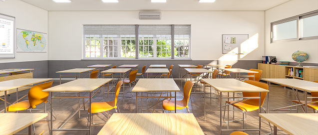 Bright and modern classroom interior with empty desks and chairs. 3d render