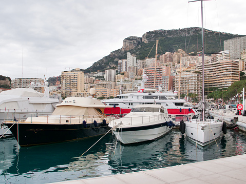 View at the yachts in the bay of Monte Carlo. Monte Carlo, Monaco - 23 February 2024
