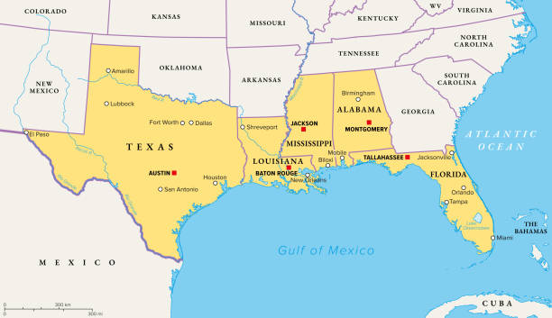 Gulf States of the United States, Gulf South or South Coast, political map Gulf States of the United States, also called Gulf South or South Coast, political map. Coastline along Southern United States at Gulf of Mexico. Texas, Louisiana, Mississippi, Alabama and Florida. alabama state map with cities stock illustrations