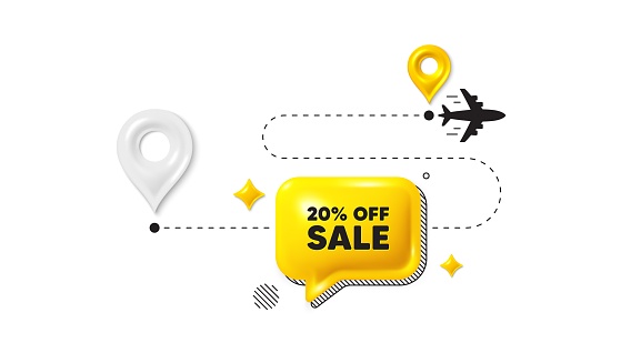Journey path position 3d pin. Sale 20 percent off discount. Promotion price offer sign. Retail badge symbol. Sale message. Chat speech bubble, place banner. Yellow text box. Vector
