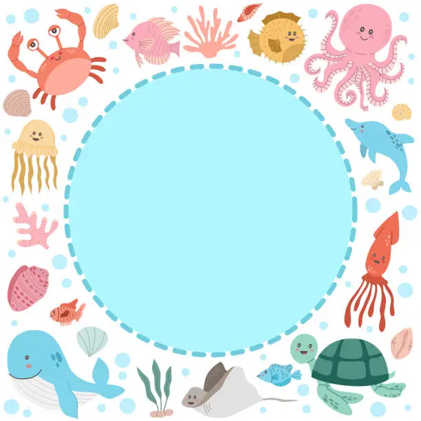 Vector illustration of Sea animals in flat style vector round frame on a white background.