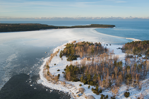 Estonian island of Kresuli and Aegna on a winter day, drone air photography. High quality photo