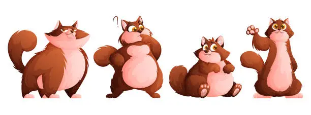 Vector illustration of A set of four cute plump brown cats. Funny well-fed cat posing. Vector cartoon style.