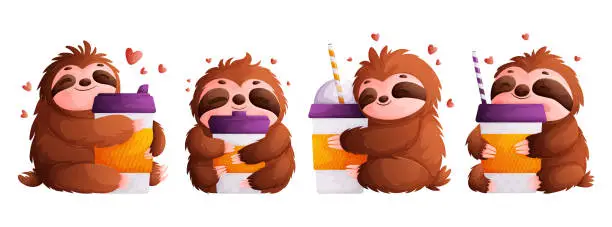 Vector illustration of Set of sloths with coffee cups. Sloth hugs a glass of coffee drink. The idea of waking up after drinking an espresso or Americano. Vector cartoon style.