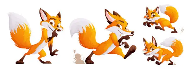 Vector illustration of A set of four cunning but cute foxes. Adult foxes in dynamic poses. Wild animals of the forest. Vector cartoon style.