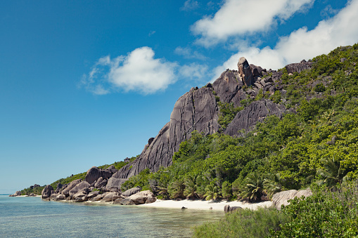 pierrot beach on la digue island, seychelles, indian ocean islands.