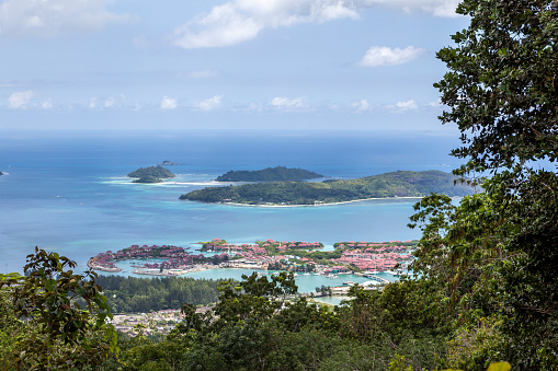 aerial view over victoria city, capital city of mahé, seychelles islands, indian ocean islands.