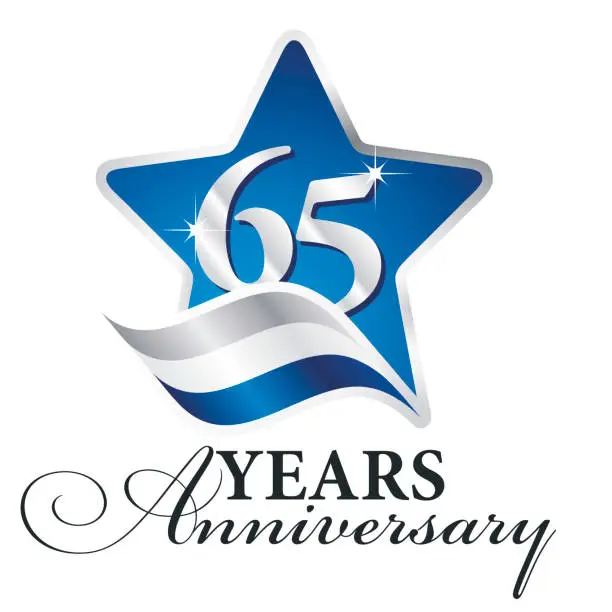 Vector illustration of 65 years anniversary isolated blue star flag logo icon