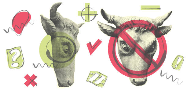 Collage elements with statue head of bull or cow and doodle irregular blob shapes. Black polka dots halftone art for contemporary art. Cut out trendy design, zine magazine style, Vector illustration.