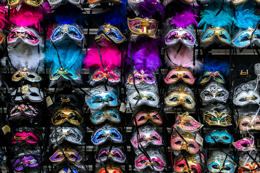 Plenty of elaborate colourful Venetian masks on sale to choose from for the Carnival of Venice - Venice, Italy
