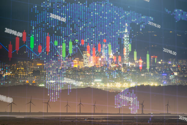 istock Fast changing stock market candlestick chart on holographic world map. 2050882134