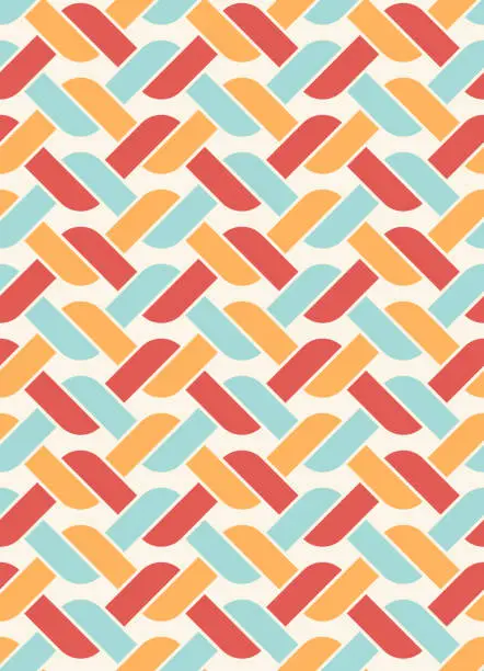 Vector illustration of Seamless abstract geometric pattern with intertwined zigzag stripes in a retro style design made with small rectangular tiles.