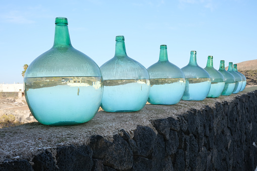 Vintage wine bottles as art in Lanzarote, Canary Islands