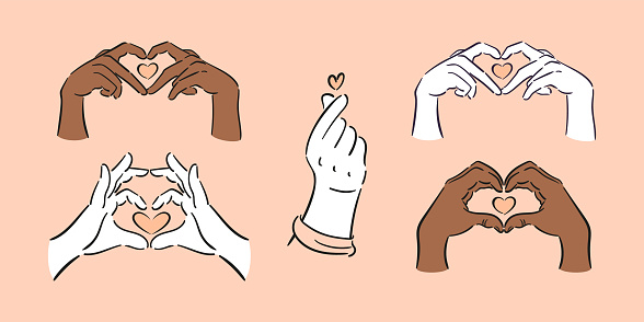 Set of hand gestures. Finger Heart. Happy Valentines Day. gesture depicting love. Vector illustration in a sketchy minimalistic style. For posters, postcards, website, banners, design. Peach Fuzz