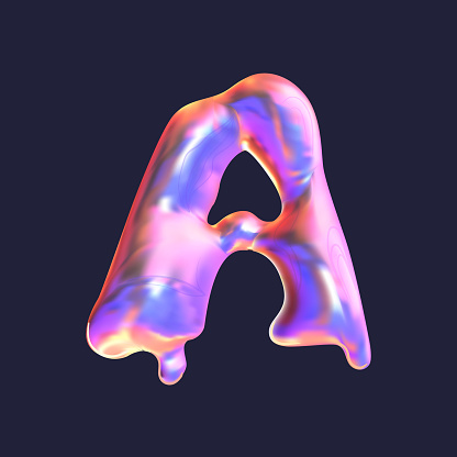 Volumetric flowing gradient letter A. Alphabet, inscription. Airy iridescent balloon, Melty Metallics. For logos, packaging, promotional materials and web banners. holographic