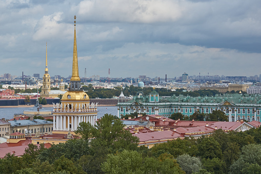 St. Petersburg Russia - september, 01, 2023: View of St. Petersburg from the colonnade of St. Isaac's Cathedral. Admiralty and Peter and Paul Fortress.