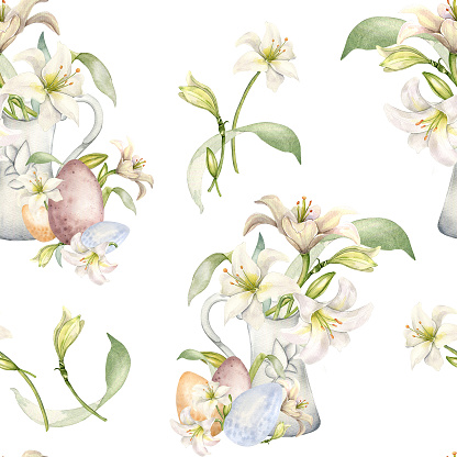 White lilies in ceramic jug watercolor isolated on white. White flower botanical in pitcher seamless pattern hand drawn. Lily bunch Christian symbol. Design for Easter, textile, wrapping paper.