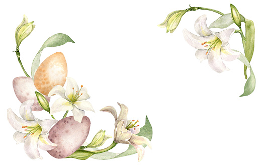 Floral frame with Easter eggs and white flowers. Lily and buds watercolor banner isolated on white. Lilium botanical art hand drawn. Design for invitation, Christianity holiday, Easter decoration.