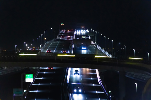 A night traffic jam on the highway at Tokyo bay area in Chiba. High quality photo. Kisarazu district Chiba Japan 01.30.2024 Here is the highway parking called UMIHOTARU PA in Chiba Japan.