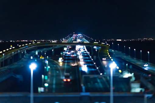 A night traffic jam on the highway at Tokyo bay area in Chiba. High quality photo. Kisarazu district Chiba Japan 01.30.2024 Here is the highway parking called UMIHOTARU PA in Chiba Japan.