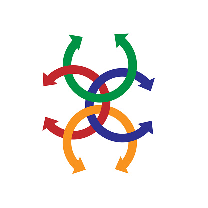 Vector graphics. On a white background there are four semicircular multi-colored intertwined arrows.