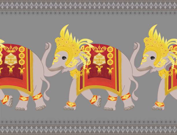 illustrations, cliparts, dessins animés et icônes de motif sans couture d’éléphant thaïlandais avec bordure apsorn robe dans des ornements dorés rouges, couronne apsara dans la période d’angkor, concept pour la conception de pantalons d’éléphant, décoration de la maison, impression de mode en t - ganesh himal