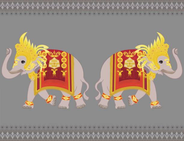 illustrations, cliparts, dessins animés et icônes de modèle sans couture d’éléphant thaïlandais avec robe apsorn dans des ornements dorés rouges, couronne apsara dans la période d’angkor, concept pour la conception de pantalons d’éléphant, décoration de la maison, impression de mode en tissu,  - ganesh himal